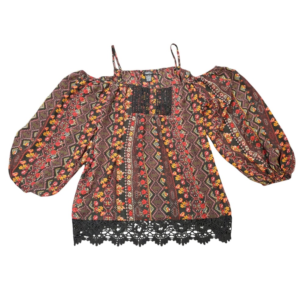 rue21 Cold Shoulder Blouse Women's Size L Black Red Orange Boho Floral Lace Trim